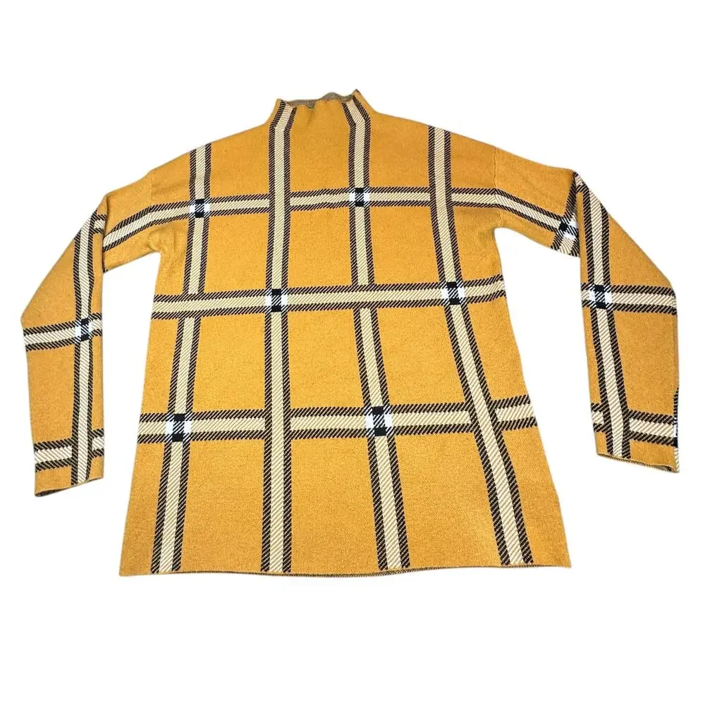 Tahari Sweater Womens Medium Gold White Black Plaid Mock Turtleneck Pullover - Picture 1 of 11